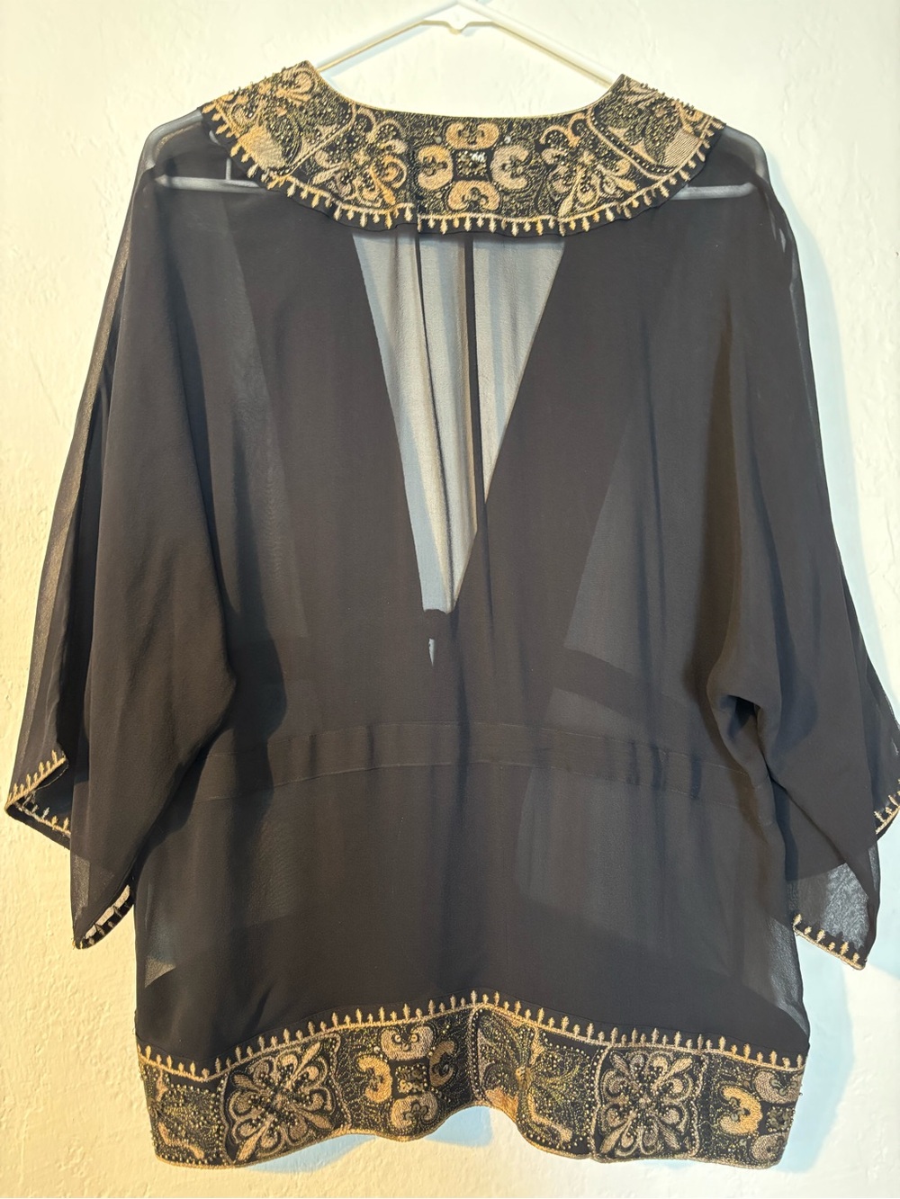 Chico's Black Sheer Silk Kimono with Gold Embroidery - Picture 2 of 3